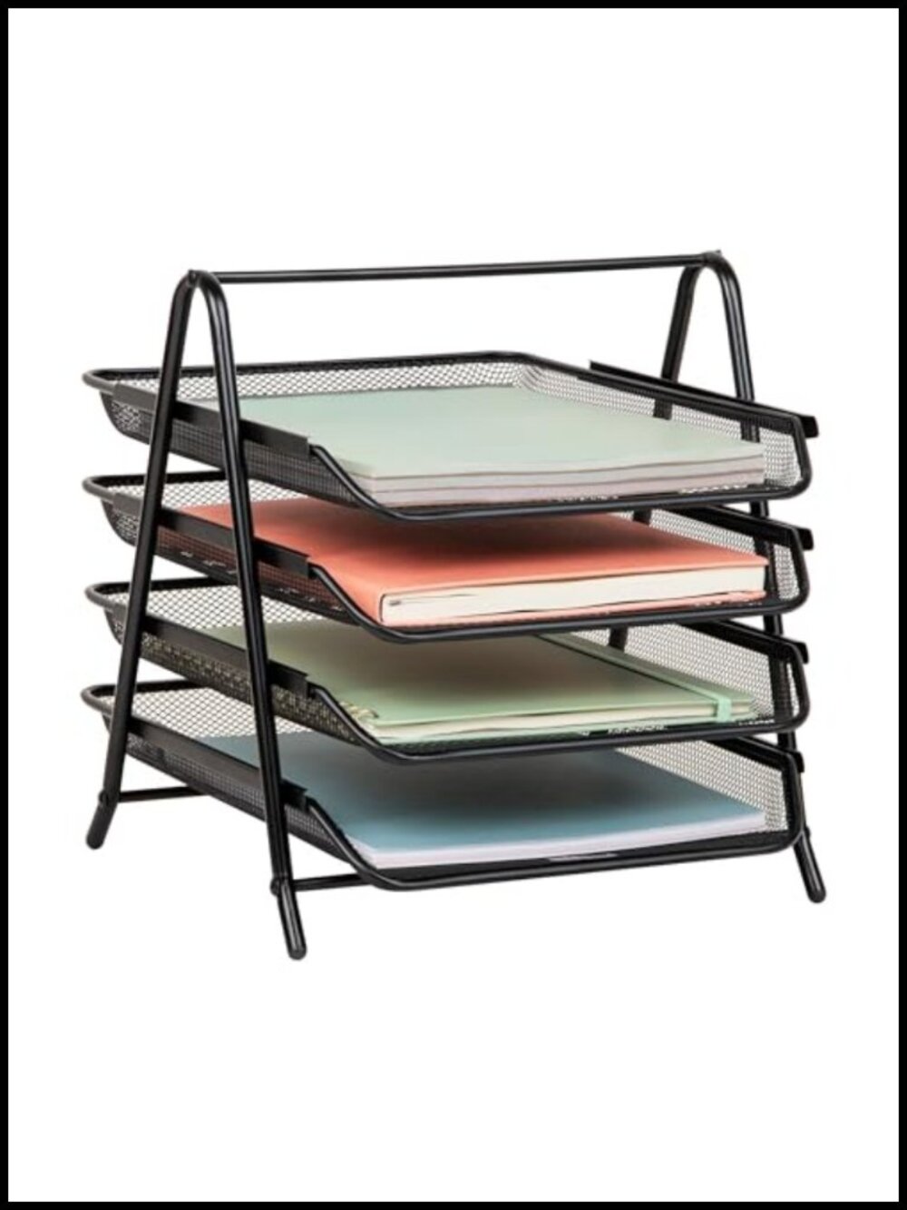 4-Tier Metal Mesh Paper Tray Desktop File Organizer with Carry Handle